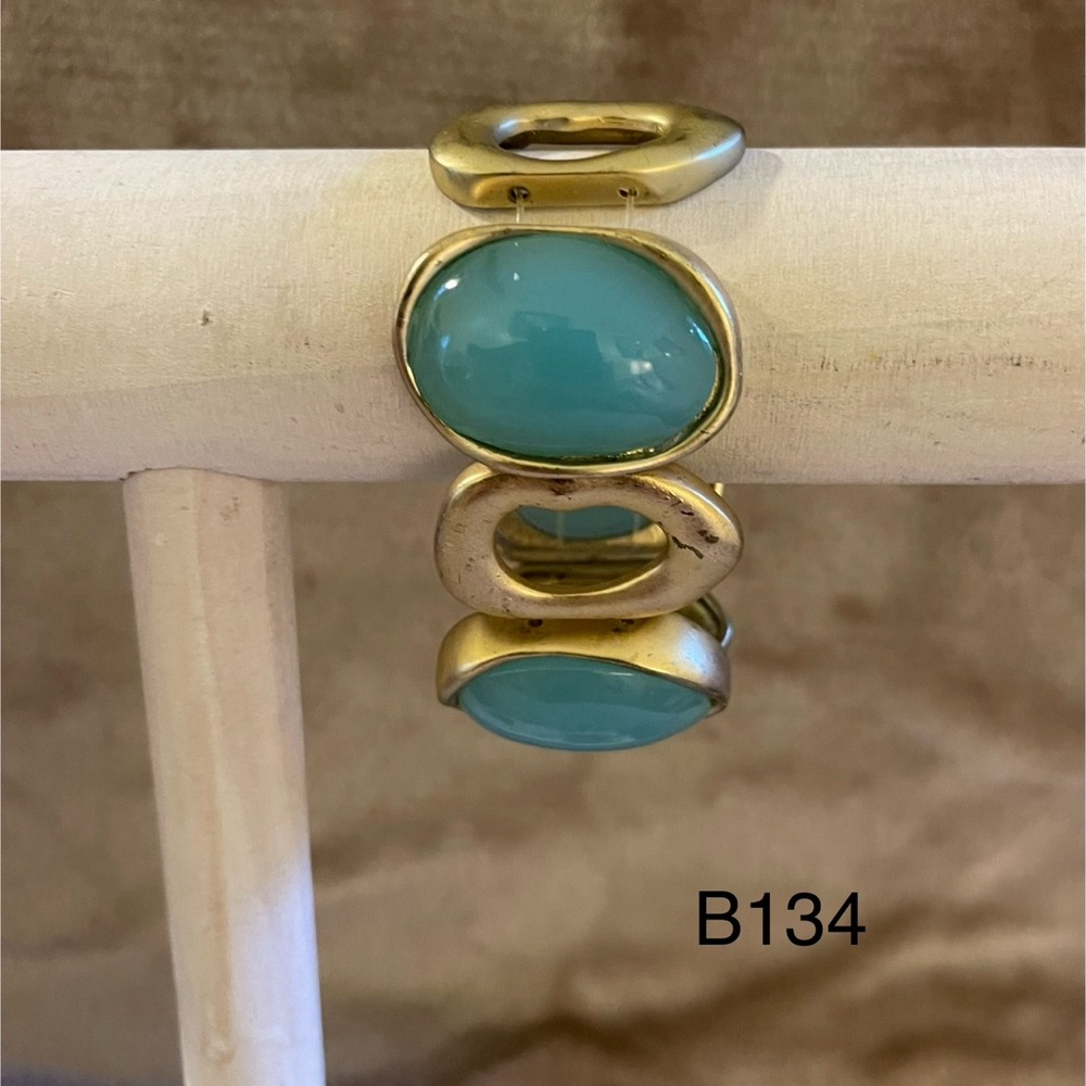 Gold Tone Chunky Open Oval Link Stretch Bracelet Jewel Tones Faceted